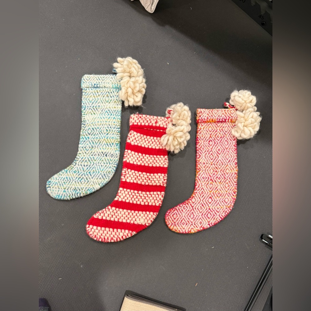 Anthropologie Christmas stockings in red and blue